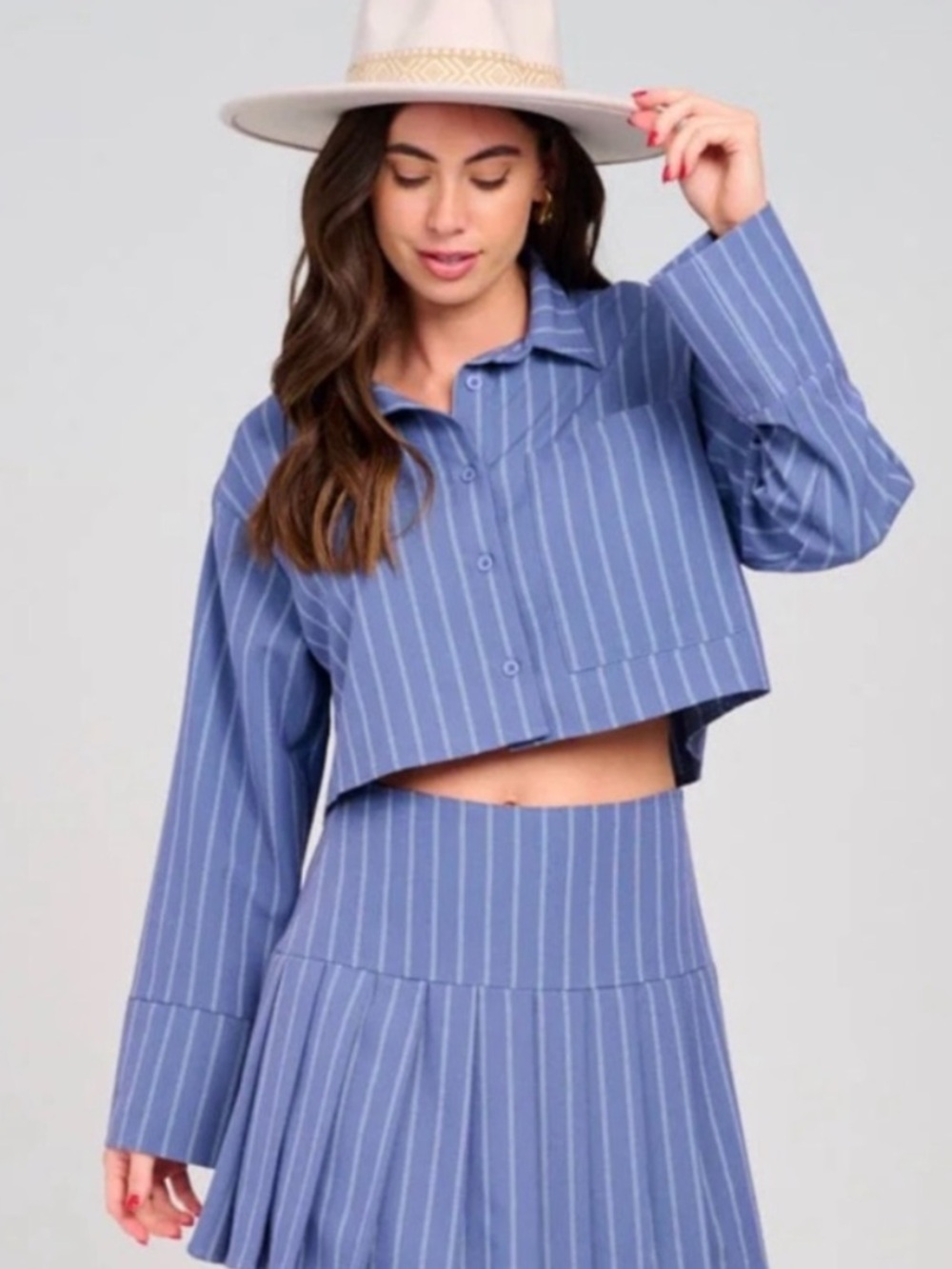 A405b Cropped Pinstripe Button-Front Top - Blue